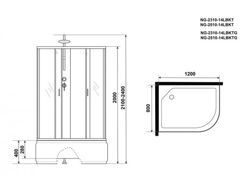 Душевая кабина Niagara NG-2510-14LBKT 120х80 см, с тонированными стеклами, левосторонняя